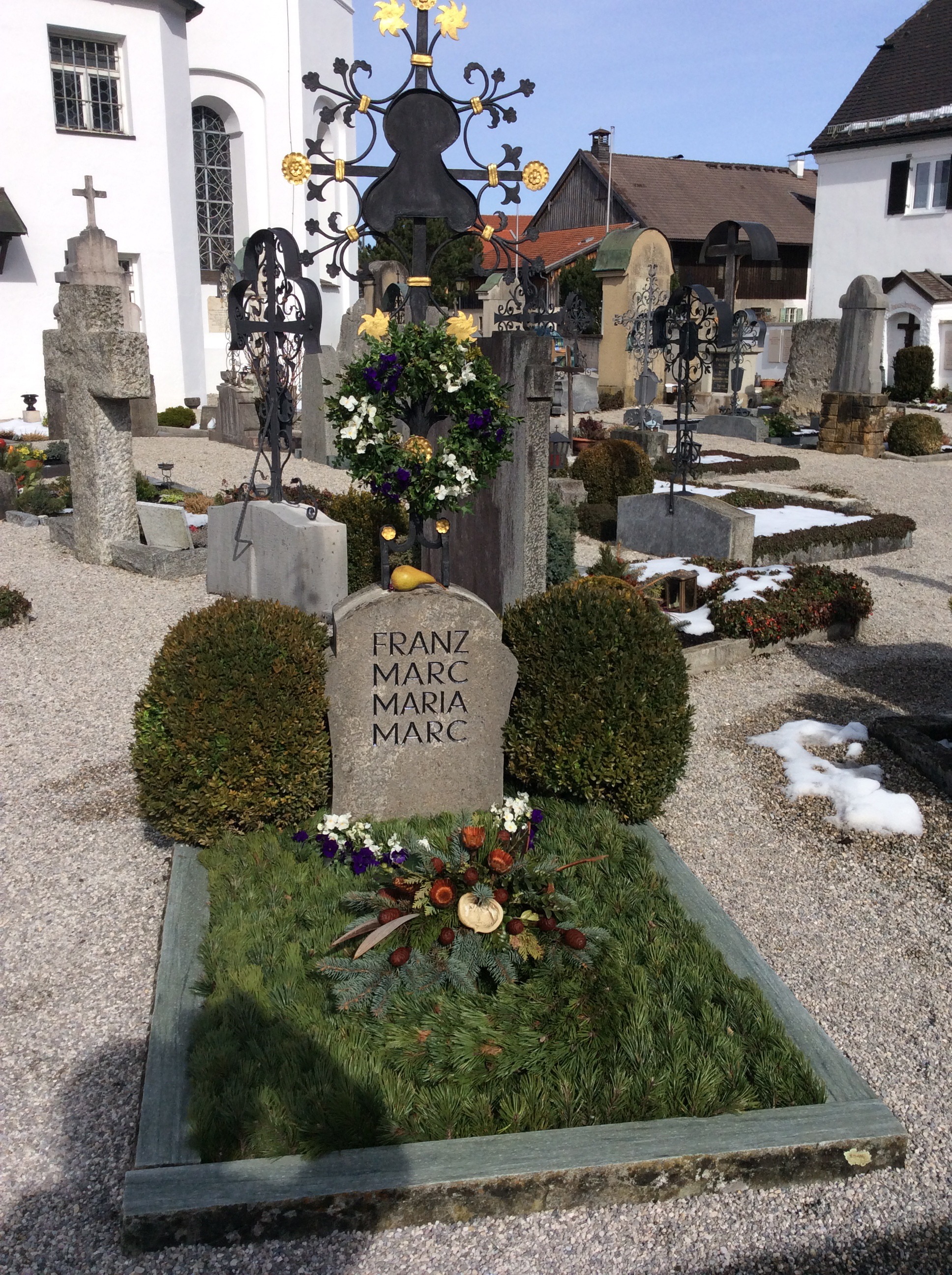 Indexical photo with authorial shadow; graves of Franz and Maria Marc